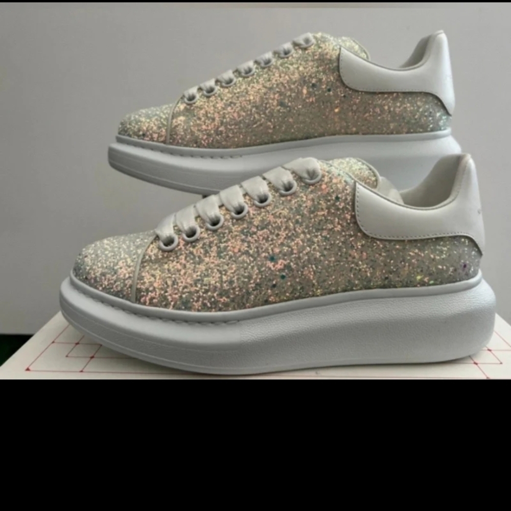 Alexander McQueen White Glitter Sneakers Size 8